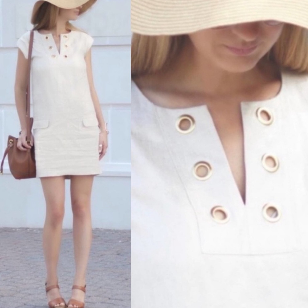 J crew gold metallic line dress grommet detail shift dress